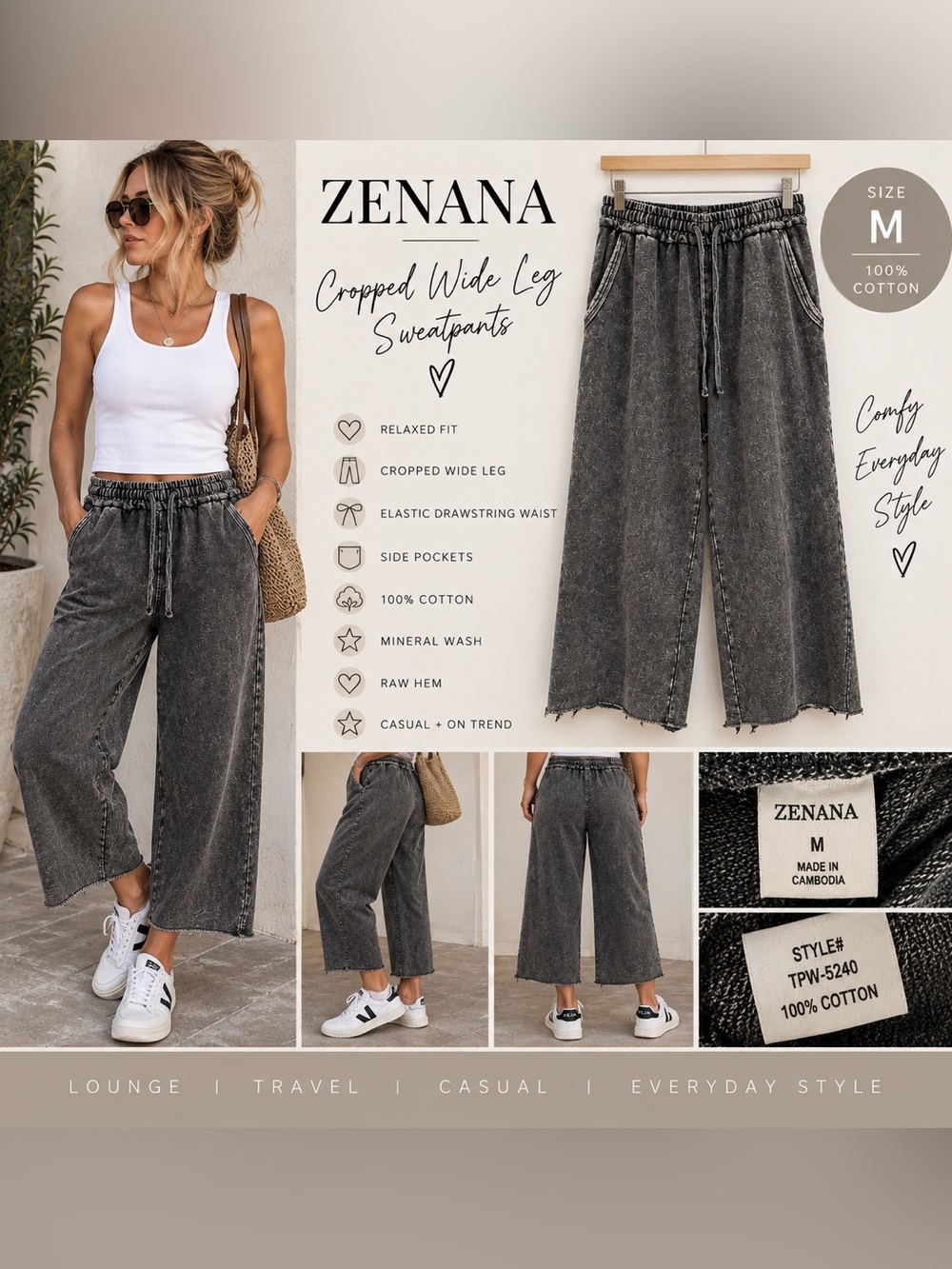 NWOT Zenana Mineral Wash Wide Leg Sweatpants Size M Charcoal Raw Hem Drawstring